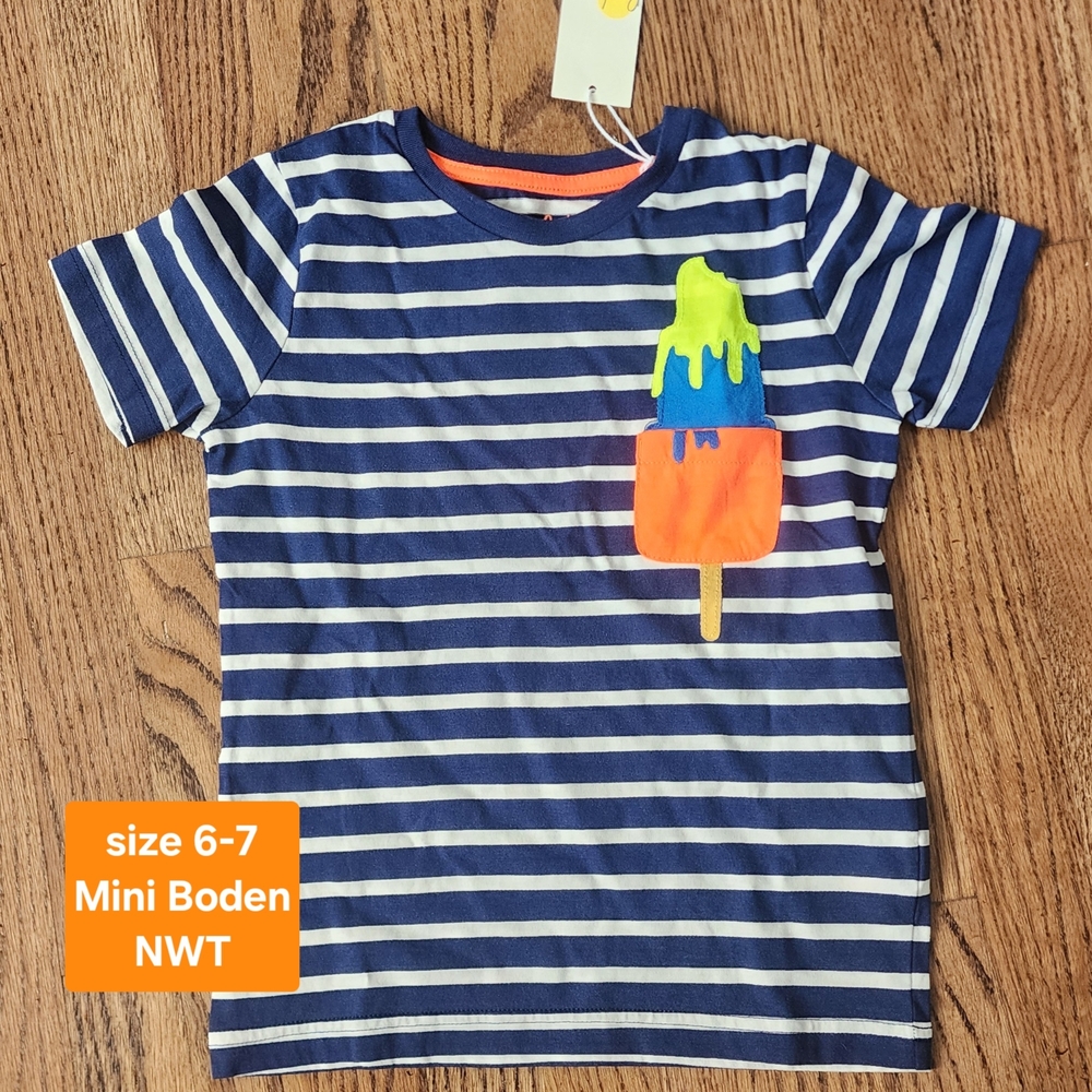 Mini Boden Blue and Orange Short Sleeve Tee with Popsicle Design